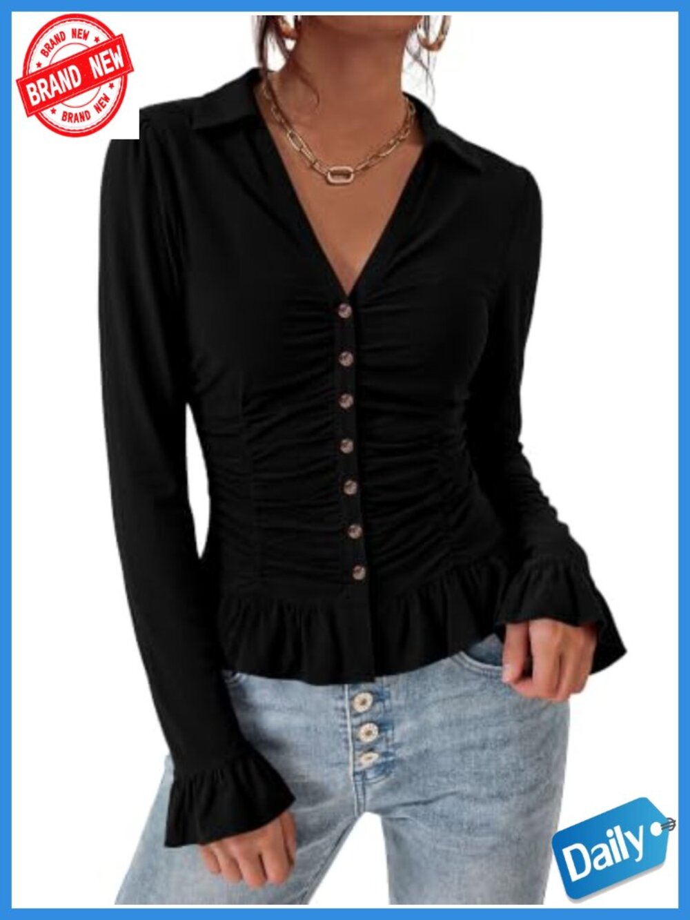 Fitted V-Neck Long Sleeve Button Down Blouse with Ruffle Hem for Women Dressy
